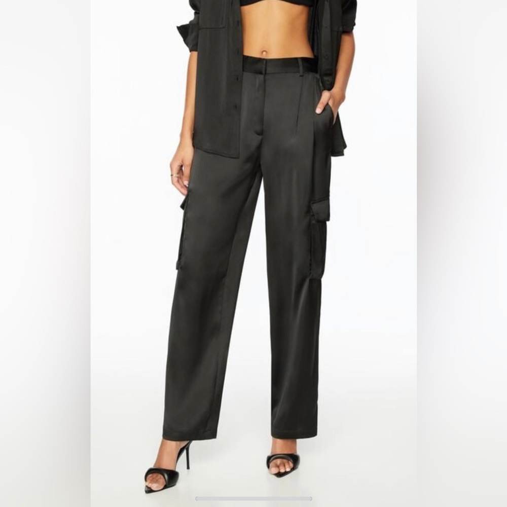 Dynamite Black Satin Cargo Trousers with Utility Pockets